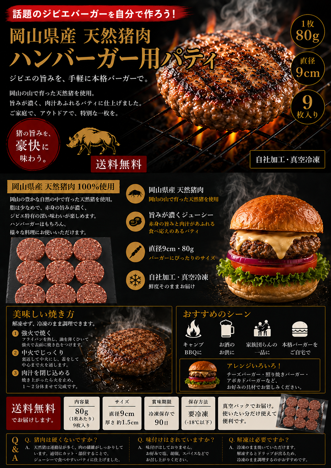 送料無料 岡山県産 猪肉 ハンバーガー用 パティ 80g 9枚入 直径9cm